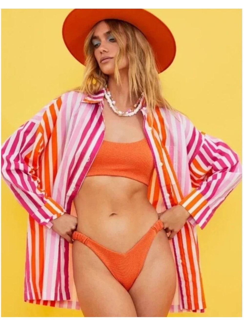 Beach Riot Alexa Striped Bikini with Pink & Orange Cover-Up Top Size Sm